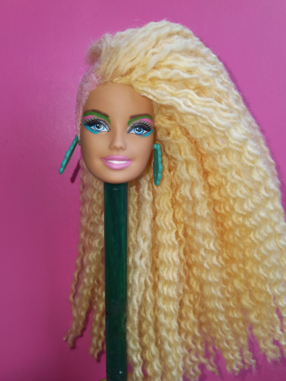 Custom Barbie doll Head Pink & Blonde Wavy hair 80s